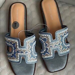 Madden Girl- Steve Madden 
Blue Beaded Women's Slide Sandals